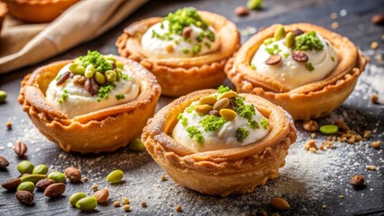 Fototapeta premium Delicate, crumbly pastry shell wrapped around creamy ricotta cheese and crunchy pistachio filling, traditional Sicilian dessert sits on rustic wooden table.