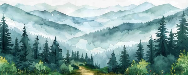 Hiking adventure, flat design, mountain trail, triadic watercolor illustration, copy space for text