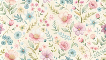 Delicate, whimsical floral arrangement featuring soft focus blossom clusters in gentle hues on a creamy white repeating background.