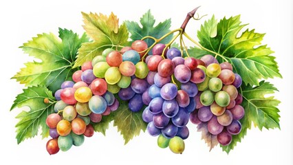 Obraz premium Vibrant multi-colored grapes cluster on a delicate branch, surrounded by lush green leaves, rendered in stunning handmade watercolor illustration.