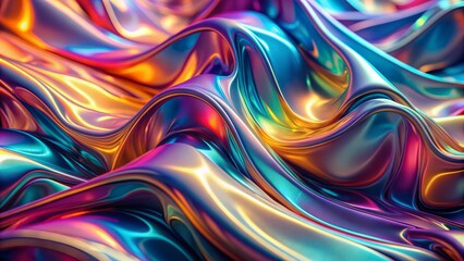 Obraz premium Vibrant iridescent metallic holographic background featuring a smooth fluid shape with mesmerizing colors and intricate reflections.
