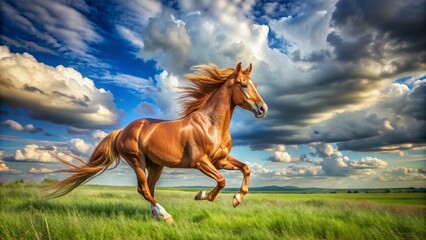 Obraz premium Majestic chestnut horse galloping freely in a serene, sun-kissed green meadow with fluffy white clouds and blue sky background.
