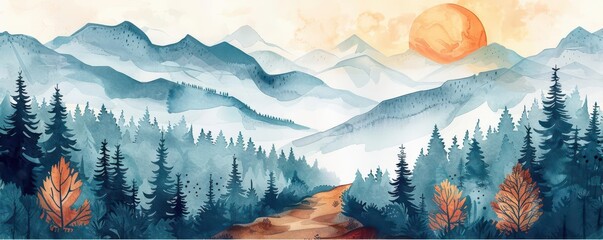 Watercolor hiking adventure, mountain trail, flat design, triadic color scheme, copy space for text