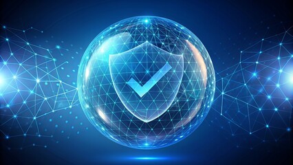 Obraz premium Stylish transparent sphere shield with hexagon pattern on blue background encases check mark, ensuring trusted network security and protection.