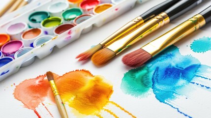 Obraz premium Watercolor paint set with brushes and paper for gouache on white background close up