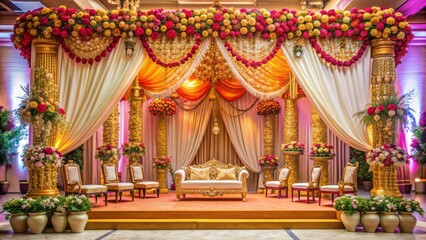 Fototapeta premium Vibrant colors and intricate designs adorn ornate wedding decorations, traditional Indian props, and luxurious fabrics on a grand majestic backdrop.