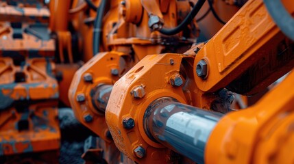 Hydraulic Pumps in Excavator Bucket Close up Shot in Industry Orange Rotating