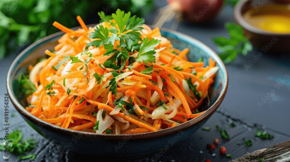 Sticker nutritious vegan salad with cabbage carrots parsley onion and olive oil room for text