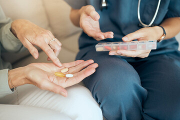 Senior care, woman and nurse with pills in house, illness management and discussion with...
