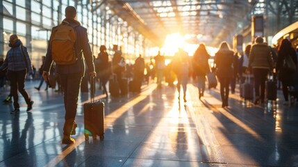 Fototapeta premium A group of people walking through an airport with luggage. AI.
