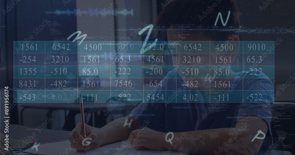 Poster image of multiple alphabets and data processing over asian boy studying in the class at school