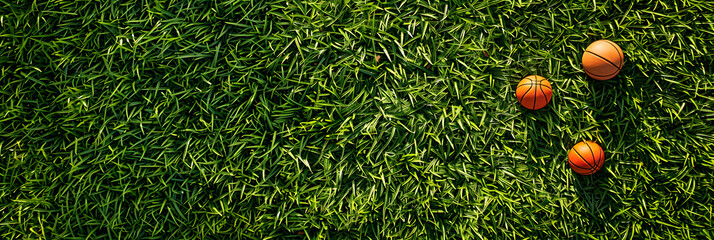 Bolas de basquete e futebol em um campo verde vibrante