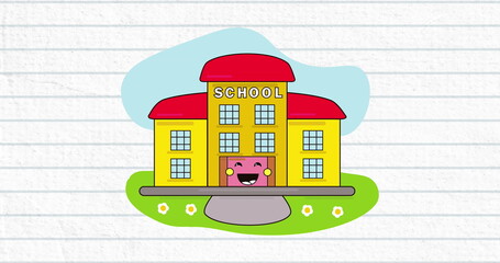 Digital image of school building icon moving against white line paper in background