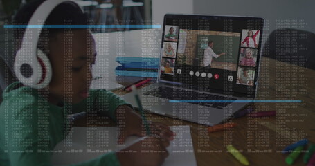 Image of data processing over african american boy having school image call