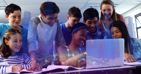 Image of envelope mail icons moving  over smiling group of secondary school pupils gathered together