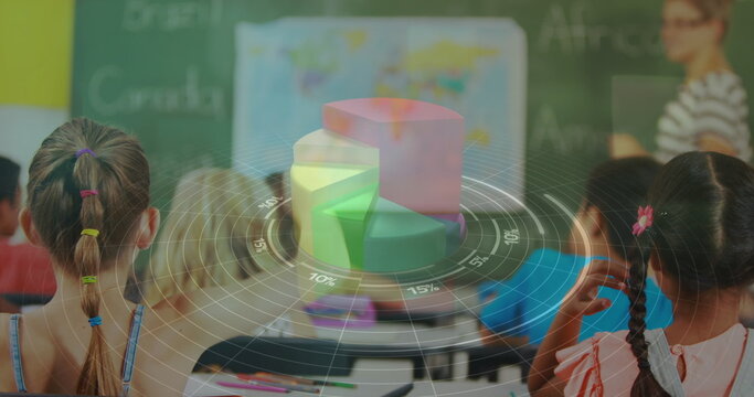 Statistical data processing against caucasian female teacher teaching in a class at school