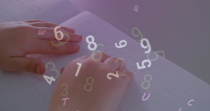Image of multiple alphabets and numbers floating over close up of a finger reading in braille