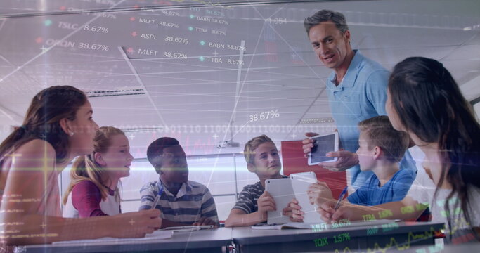 Image of digital interface and data processing moving over male teacher talking to secondary school  - Powered by Adobe