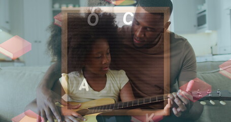 Image of back to school text over african american father and girl playing guitar