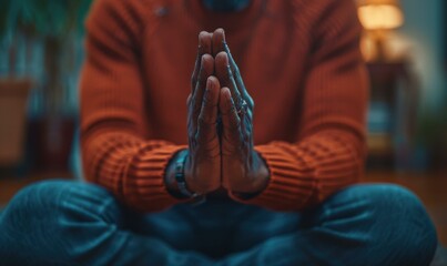 Close-up of a person meditating with hands together in a yoga pose. AI.