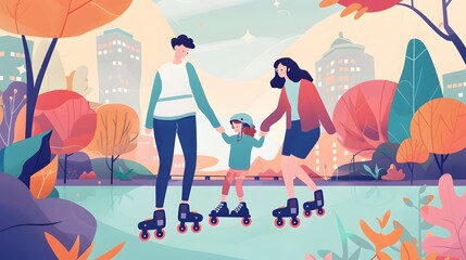 Fototapeta premium Family with one child roller skating in the park. 