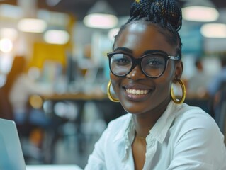 Portrait of a young professional woman smiling wearing glasses and a white shirt. AI.