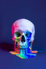 A white skull with rainbow liquid pouring out, minimalist dark blue background, hyperrealistic.