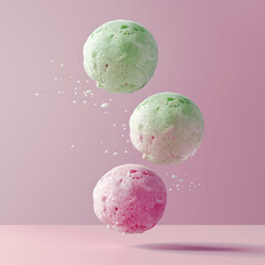 Floating ice cream balls, green and pink, minimalist design, light background.Minimal creative food concept.Flat lay,copy space. 