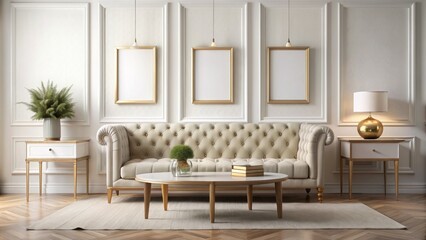 Fototapeta premium Elegant minimalist space featuring four artful frames on a pristine white wall, complemented by a sophisticated tufted sofa and sleek table.