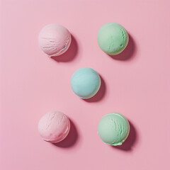 Obraz premium ice cream balls, green and pink, minimalist design, light background.Minimal creative food concept.Flat lay,copy space. 