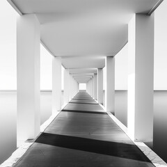 Endless white pier, long exposure black and white photography.