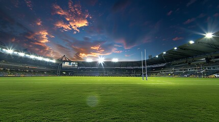 Fototapeta premium An empty stadium's field under a dramatically lit evening sky, showcasing the anticipation and calmness before a major sporting event starts.