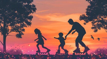 Obraz premium Family with one child roller skating in the park. 