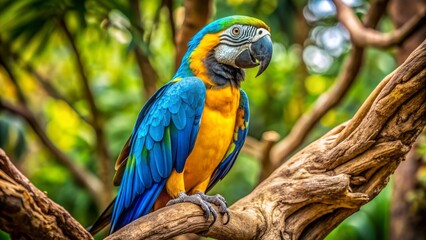 Obraz premium Vibrant blue and yellow macaw perches on a gnarled branch, feathers glistening in a warm, tropical light, eyes bright with curiosity.