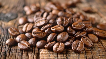 Naklejka premium Roasted coffee beans displayed on wood surface