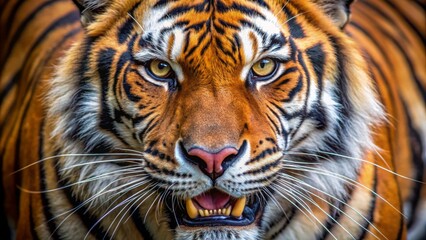 Fototapeta premium Magnificent majestic fierce predator face of orange and black striped big cat with sharp teeth and piercing gaze.