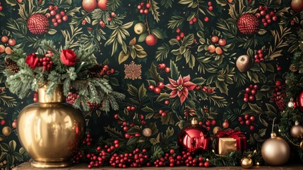 holiday home decor, create a cozy holiday vibe with this christmas wallpaper featuring red and green motifs, adding festive cheer to any room in your home