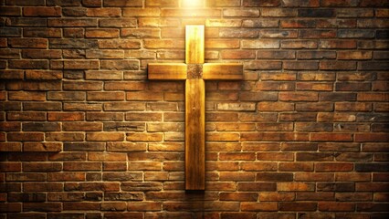 A serene, golden-lit cross stands out against a worn, rustic brick wall, providing ample space for textual or thematic overlay.