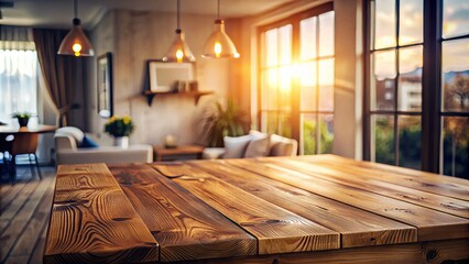 Fototapeta premium Rustic wooden table with smooth surface illuminated by soft natural light in a blurred background of a cozy home interior.