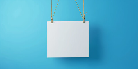 Blank white paper hanging on clothes pegs on blue background