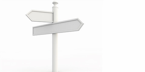 Blank signpost pointing in opposite directions on white background