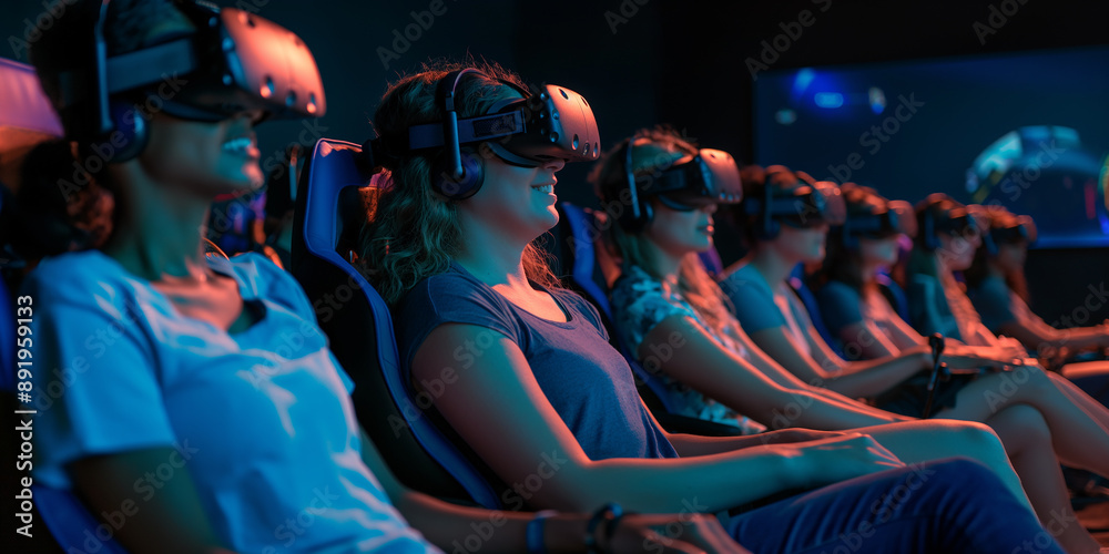 Poster Group of students using virtual reality headsets sitting in class
