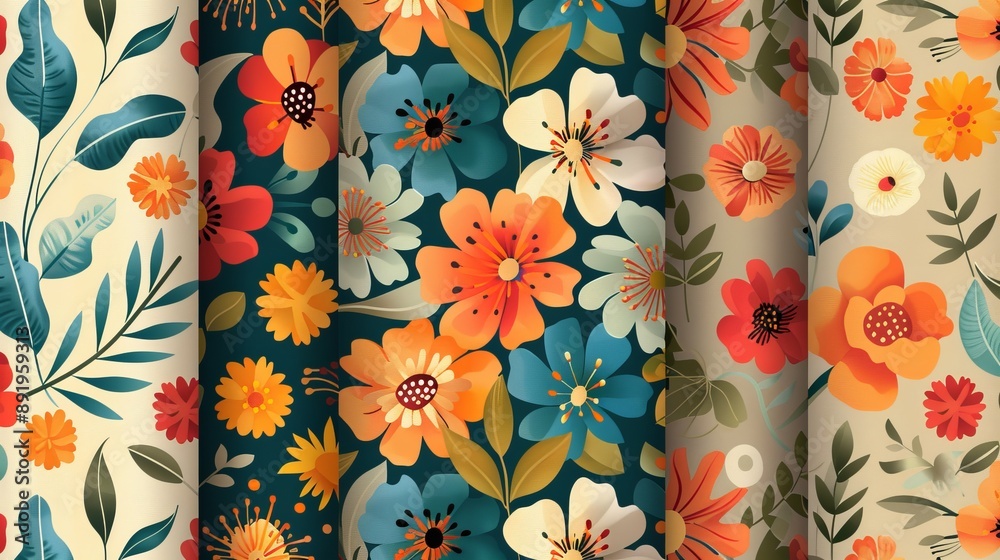 Wall mural This vibrant floral pattern features orange and teal flowers blooming alongside lush leaves, creating an eye-catching and colorful design perfect for various decorative purposes.