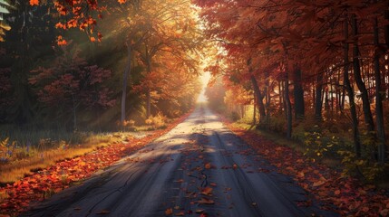 Picturesque autumn morning  school road winding through vibrant fall foliage on a beautiful fall day
