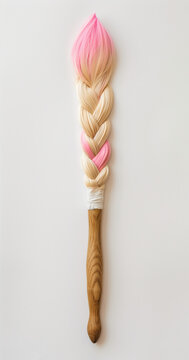 A pink and purple paintbrush with blonde hair braided against a white background.Flat lay,copy space  daj 35 za