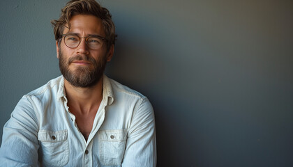 Obraz premium Homem de 31 anos, branco, barba curta marrom, cabelo curto, pele clara, camisa branca, jeans azul, tênis preto