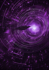 Fototapeta premium Purple abstract lines form a circle with black background, creating rippleswith a spaceship approaches from outside.