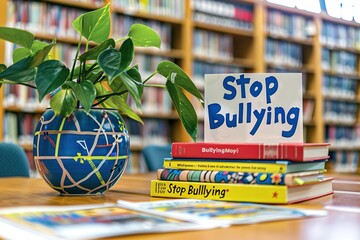 Stop Bullying sign and a stack of books 