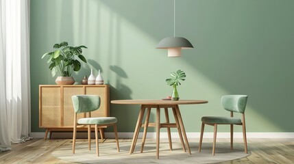 Mint color chairs at round wooden dining table in room with sofa and cabinet near green wall. Scandinavian, mid-century home interior design of modern living room.