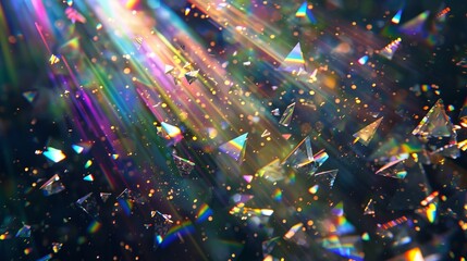 Prismatic crystal structures illuminated by beams of light, resulting in an explosion of colorful reflections and creating an enchanting and surreal visual experience that captivates the viewer.